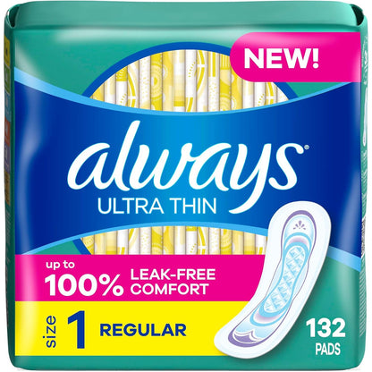 Always Ultra Thin Pads without Wings, Size 1, Regular, 132 Count (3 Packs of 44)