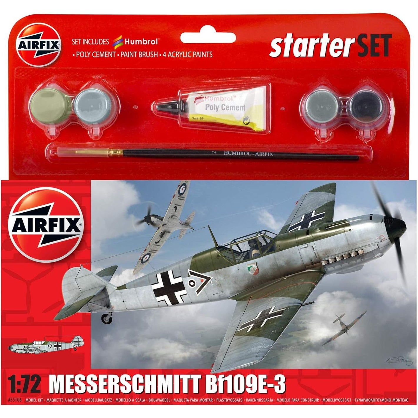 Buy now Airfix 1:72 Messerschmitt Bf109E-3 Starter Set (A55106) at indiglob india