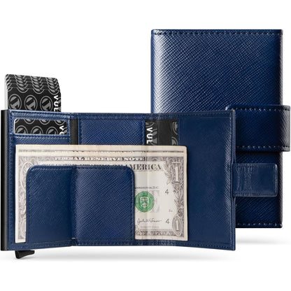 VULKIT RFID Card Wallet for Men, Slim Compact Men's Wallet, Leather RFID Blocking Credit Card Holder Wallet, Trifold Thin Metal Security Pop Up Wallet, Gift Box Packing