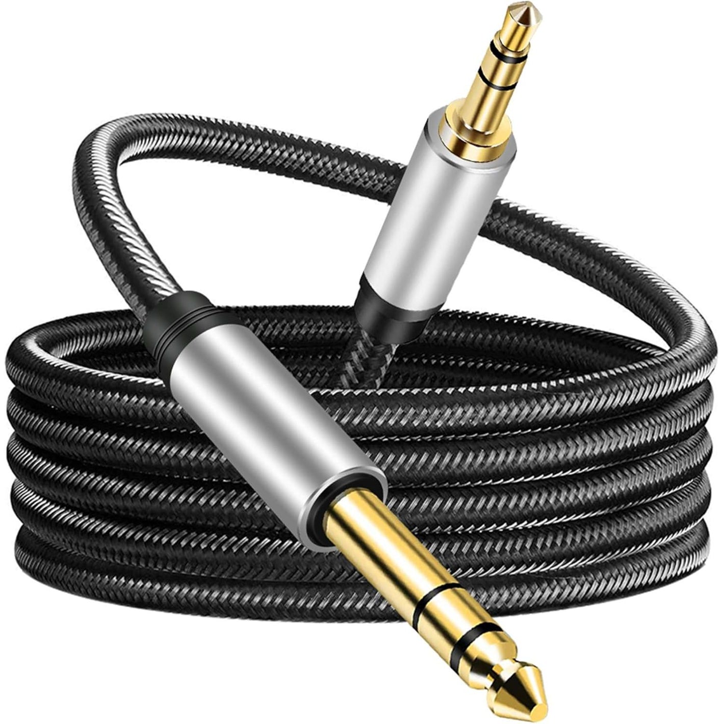 3.5 mm to 6.35 mm Audio Cable 10Ft, Gold-Plated Terminal Silver Color Zinc Alloy Housing 3.5mm 1/8" Male TRS to 6.35mm 1/4" Male TRS Nylon Braided Stereo Audio Cable for CellPhone, Amplifiers(10Ft/3M)