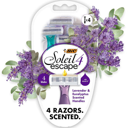BIC Soleil Escape Scented Women's Disposable Razors With 4 Blades, Comfortable Shave, Lavender & Eucalyptus Scented Handle Shaving Razors for Women, 4 Count