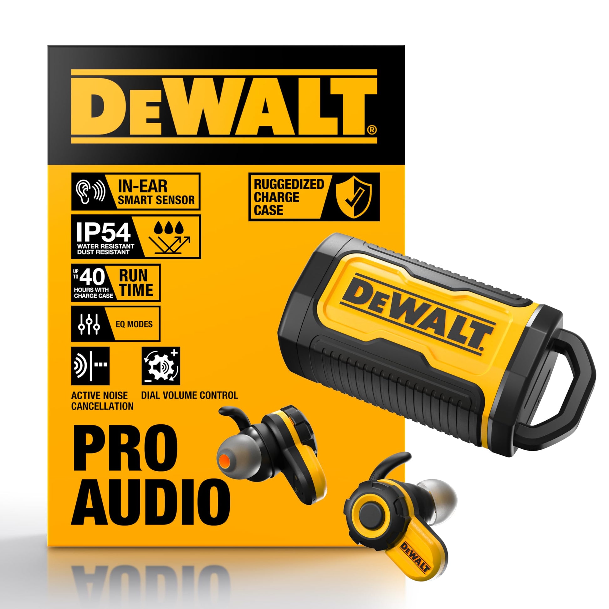 Buy now DEWALT Heavy Duty Bluetooth Jobsite Pro X2 ANC True Wireless Earbuds, Active Noise Cancelling Work Earbuds, Turn Dial Controls, 10Hr Runtime (40+ w/Case), 4 EQ Modes, IP54 at indiglob india