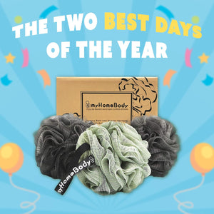 myHomeBody Large 70g Loofah Sponge, Bath Body Scrubber for Women, Men, Exfoliating Shower Pouf with Activated Charcoal - 2 Graphite Gray + 1 Sage Green, 3 Pack