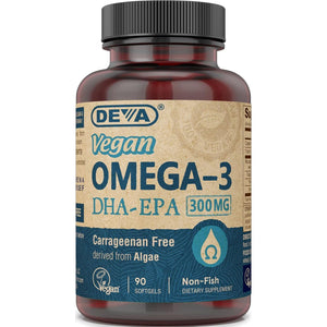 DEVA Vegan Omega-3 DHA EPA Supplement Once-Per-Day Softgel 300 MG - Carrageenan Gelatin & Gluten Free - Non-Fish Algae Oil Fatty Acids - 90 Softgels