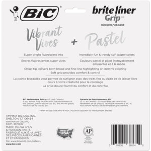 BIC Brite Liner Grip Highlighters; Chisel Tip (1.6mm); Assorted Pastel and Fluorescent; For Broad Highlighting & Fine Underlining; 12-Count
