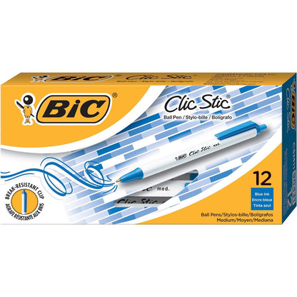 BIC Clic Stic Blue Retractable Ballpoint Pens, Medium Point (1.0mm), 12-Count Pack, Round Barrel Design for Comfortable Writing