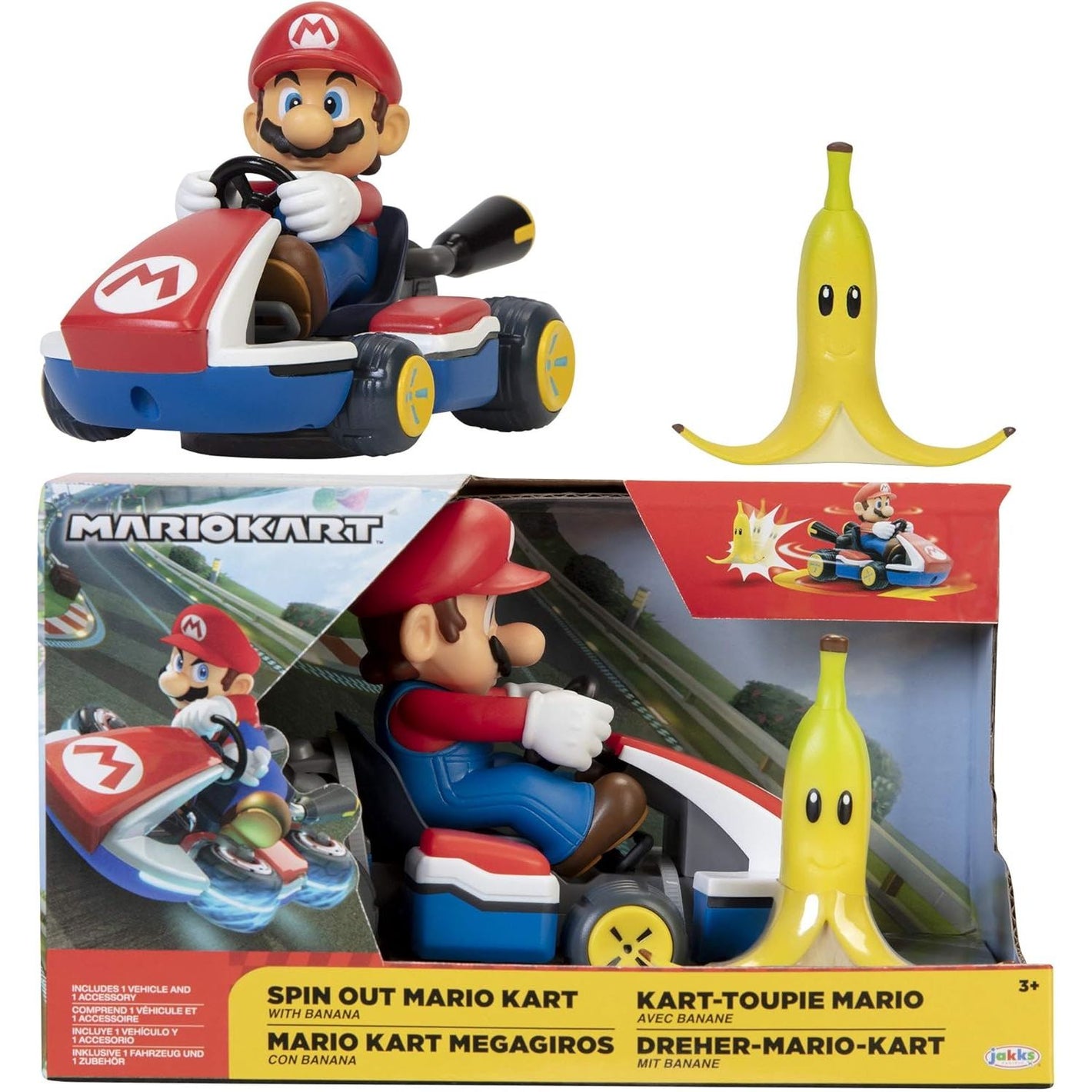 Super Mario Spin Out Mariokart Mario Racer Vehicle with 360 Spins, Wind Up and Go! Includes One 2.5” Mario Action Figure