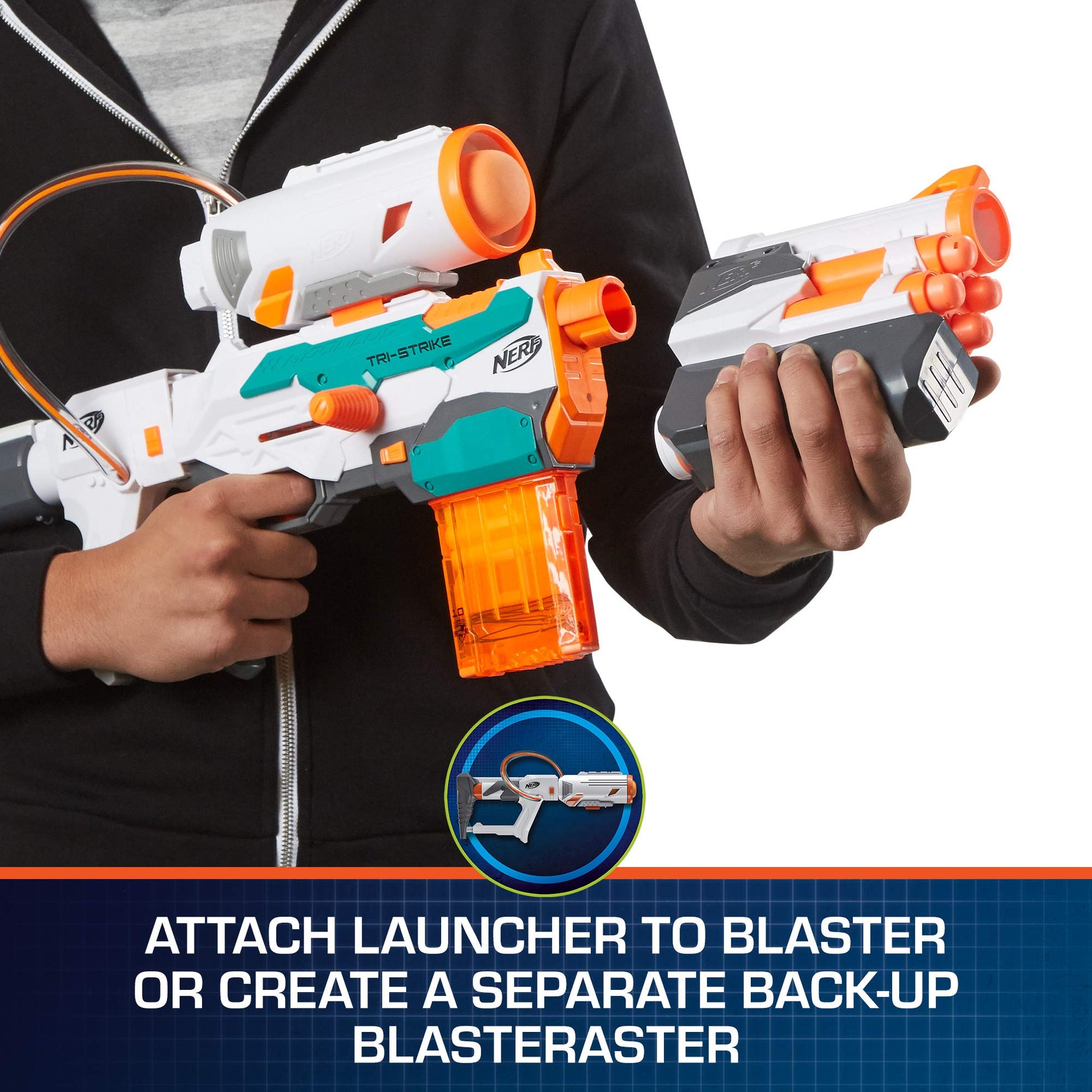 Buy now Nerf Modulus Tri-Strike Blaster, Mega Barrel, Rocket Launcher, Clip, 1 Rocket, Kids Outdoor Games (Amazon Exclusive) at indiglob india