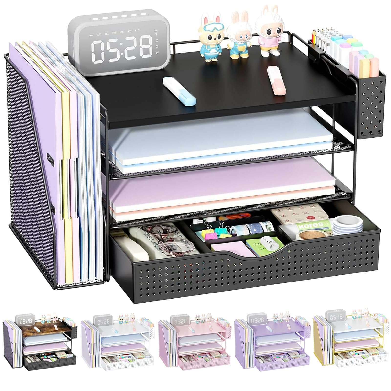 Buy now gianotter Wood Desk Organizers and Accessories with File Holder, 4-Tier Desk Accessories & Workspace Organizers with Drawer and Pen Holder, Paper Organizer for Office Supplies (Black) at indiglob india