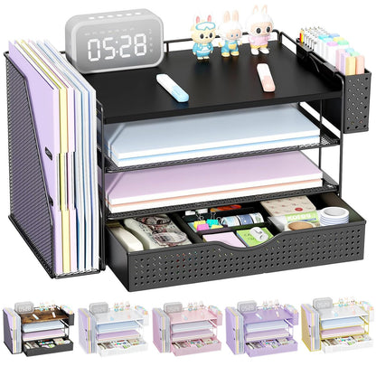 Buy now gianotter Wood Desk Organizers and Accessories with File Holder, 4-Tier Desk Accessories & Workspace Organizers with Drawer and Pen Holder, Paper Organizer for Office Supplies (Black) at indiglob india