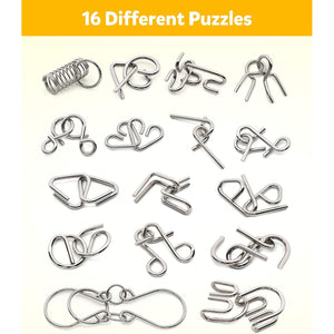 Coogam Metal Wire Puzzle Set of 16 with Pouch,Brain Teaser IQ Test Disentanglemen Iron Link Unlock Interlock Game Chinese Ring Magic Trick Toy for Party Favor Kids Adults Challenge