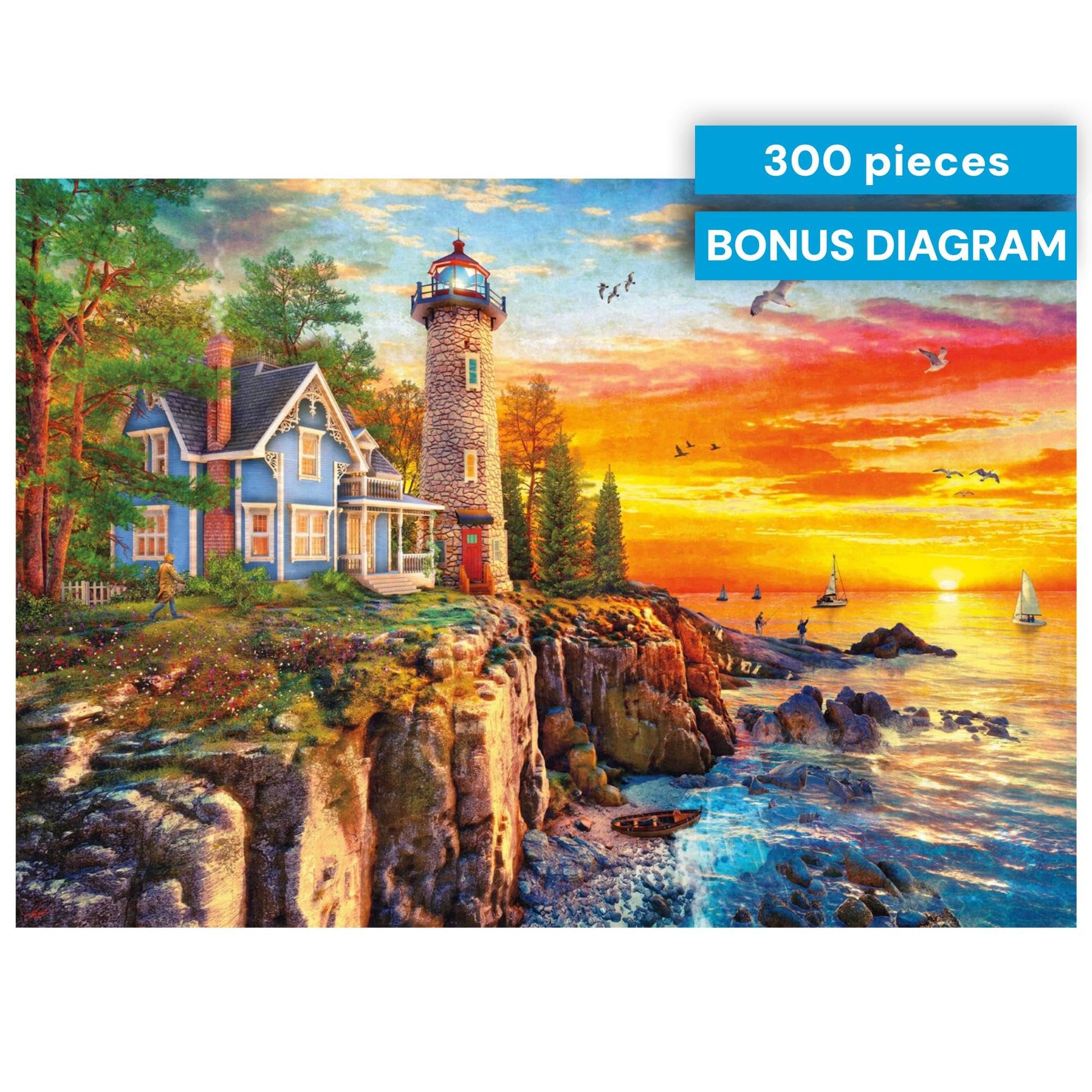 Buy now Buffalo Games - Rocky Cliff Lighthouse - Dominic Davison - 300 Piece Jigsaw Puzzle for Adults, Large Oversized Pieces, Scenic Coastal Puzzle, Challenging and Relaxing, Finished Size 21.25 x 15.00 at indiglob india