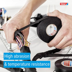 tesa 51036 High-Performance PET Cloth Automotive Wire Harness Tape, Black, 19mm x 25m, 1 Roll