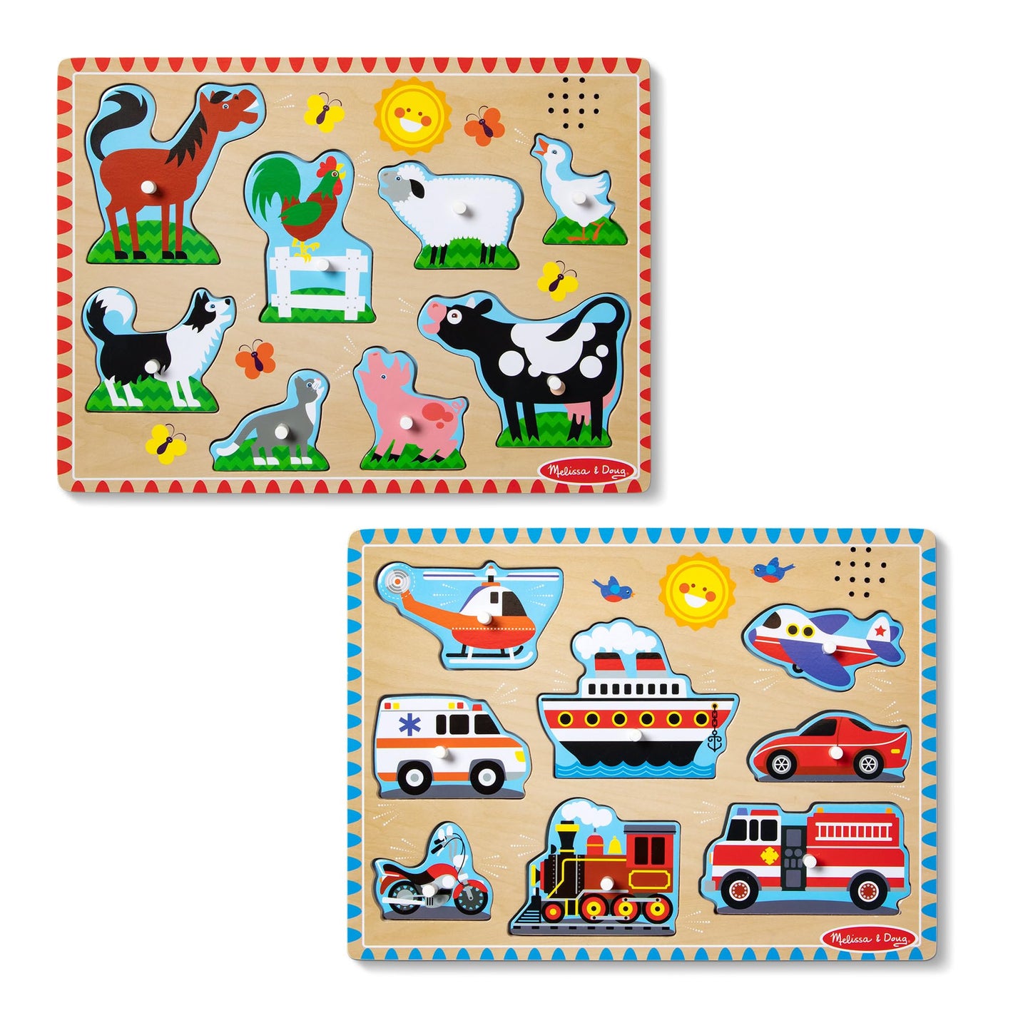 Buy now Melissa & Doug Wooden Light-Activated Sound Puzzle 2-Pack for Toddler and Preschool Boys and Girls ƒ?? Farm Animals, Vehicles at indiglob india