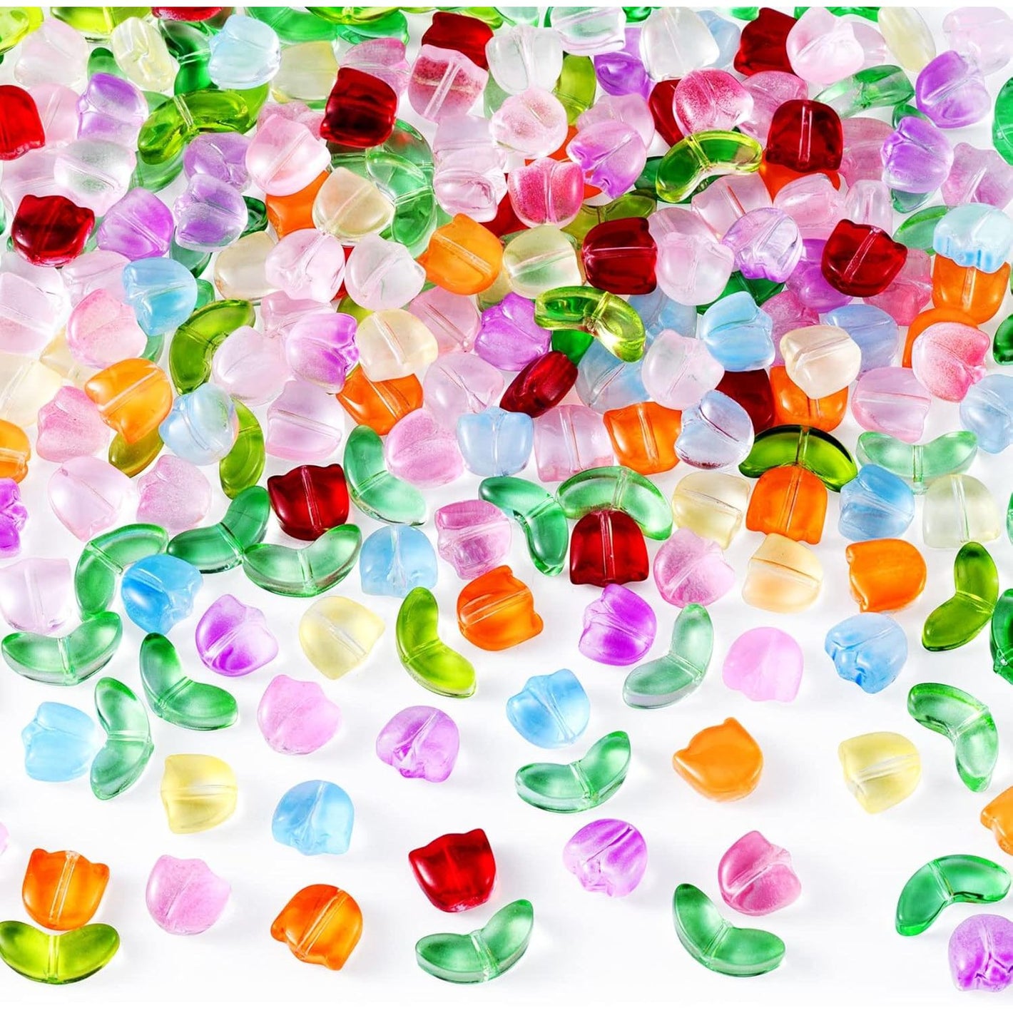 PAGOW 160PCS Tulip Flower Beads Glass Translucent Bracelet Beads Colorful Handcrafted Crystal Loose Glass Beads for Spring Summer Valentines Wedding DIY Jewelry Making Gifts