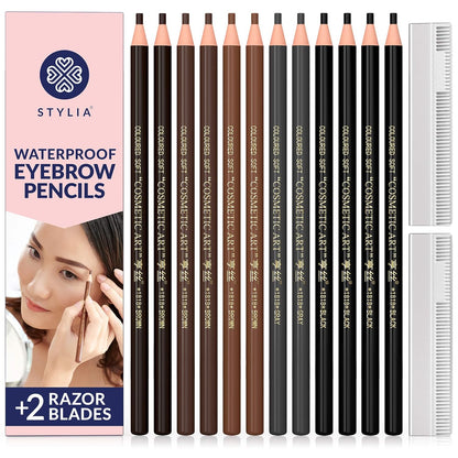Stylia Waterproof Eyebrow Pencils For Women – Long-Lasting Microblading Supplies Brow Pencil, Perfect for Eyebrow Shaper, Filling & Defining Natural-Looking Brow - (12PC Black)