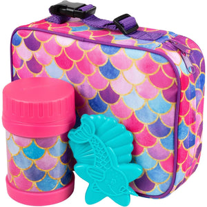 Bentology Kids Lunch Bag Set w Matching Reusable Food Jar & Hard Ice Pack- Mermaid- Insulated Tote, Stainless Steel thermos & Freezer Pack to Keeps Food Fresh for Hours- Back to School Lunch Box Kits
