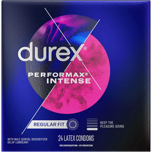 Condoms, Ultra Fine, Ribbed, Dotted with Delay Lubricant, Durex Performax Intense Natural Rubber Latex Condoms, 24 Count, Contains Desensitizing Lube for Men, FSA & HSA Eligible