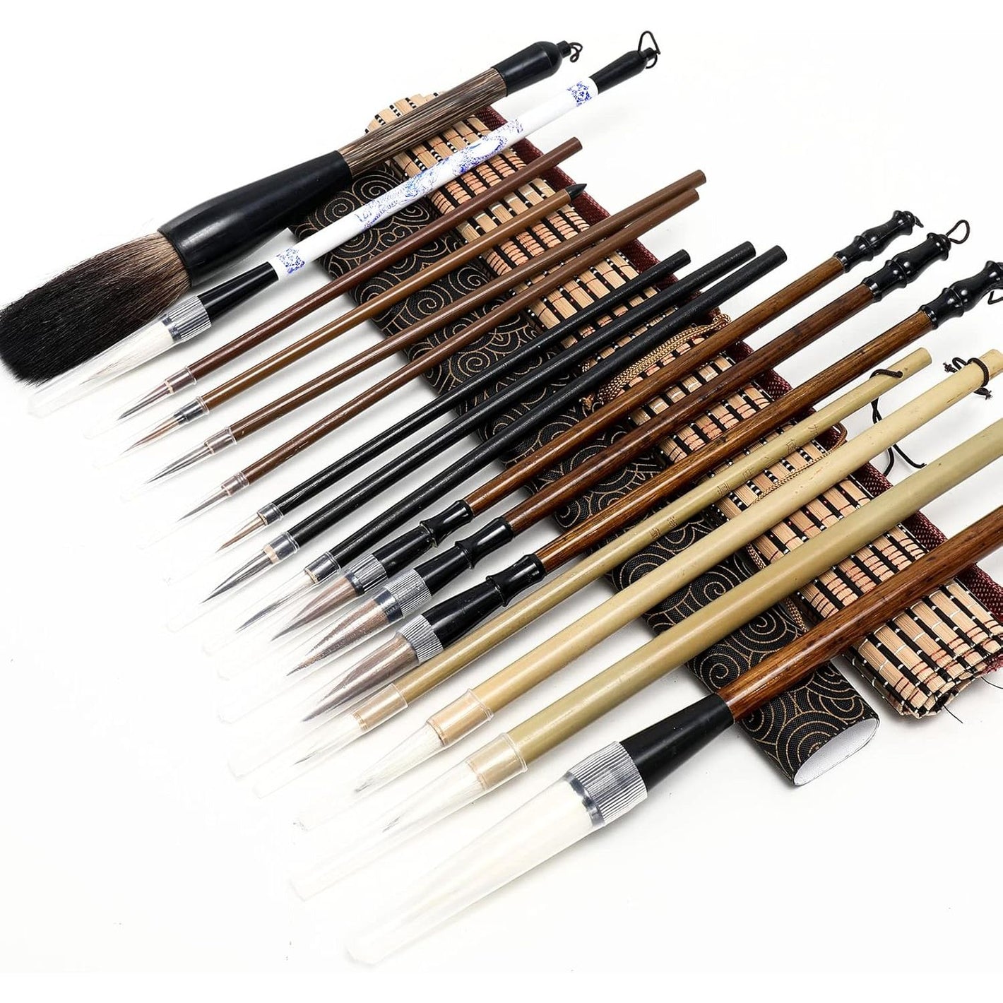 Whaline 18Pcs Chinese Calligraphy Brushes Set with Writing Paper Roll-up Brush Holder Shanlian Hubi Writing Brush Kanji Japanese Sumi Drawing Brushes for Watercolor Art Ceramic Ink Writing Painting