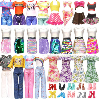 20 Pcs Doll Clothes and Accessories Handmade 2 Sequins Dresses 4 Fashion Dresses 4 Tops and Pants Casual Outfits 10 Shoes for 11.5 inch Girl Dolls
