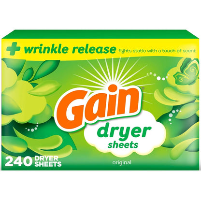 Gain Dryer Sheets Plus Wrinkle Release, Original Scent, 240 Count, Fights Static With a Touch of Scent, Laundry Sheets