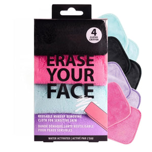 ERASE YOUR FACE Makeup Remover Cloths - Reusable Microfiber Face Towels to Cleanse & Remove Makeup - Water Activated, Dual-Sided Design for Easy Use, Great Bachelorette & Bridesmaid Gift (4 Count)