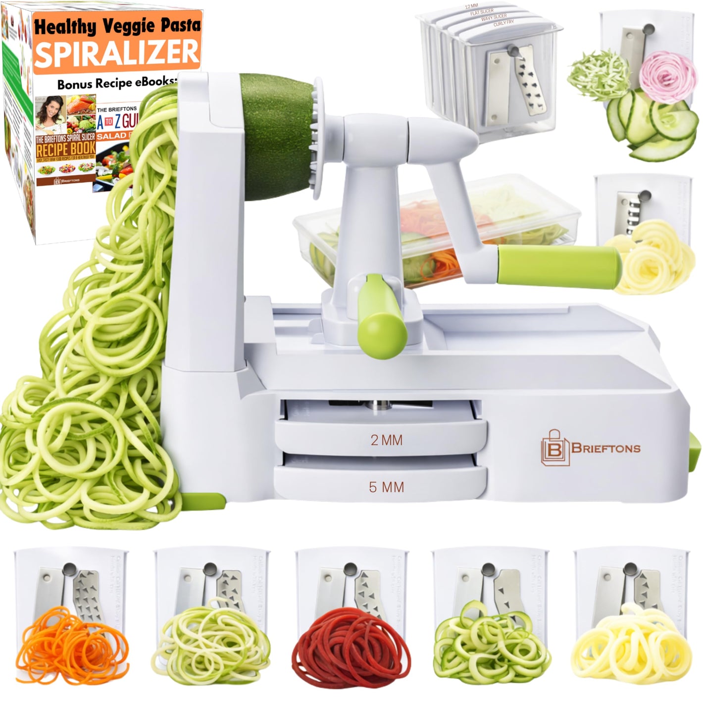 Buy now Brieftons 7-Blade Vegetable Spiralizer: Strongest-Heaviest Spiral Slicer, Best Veggie Pasta Spaghetti Maker for Low Carb/Paleo/Gluten-Free Meals, With Container, Lid, Blade Caddy & 4 Recipe Ebooks at indiglob india