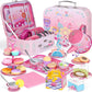 Tea Party Set for Little Girls,PRE-WORLD Princess Tea Time Toy Including Dessert,Cookies,Doughnut,Teapot Tray Cake, Tablecloth & Carrying Case,Kids Kitchen Pretend Play for Girls Boys Age 3-6