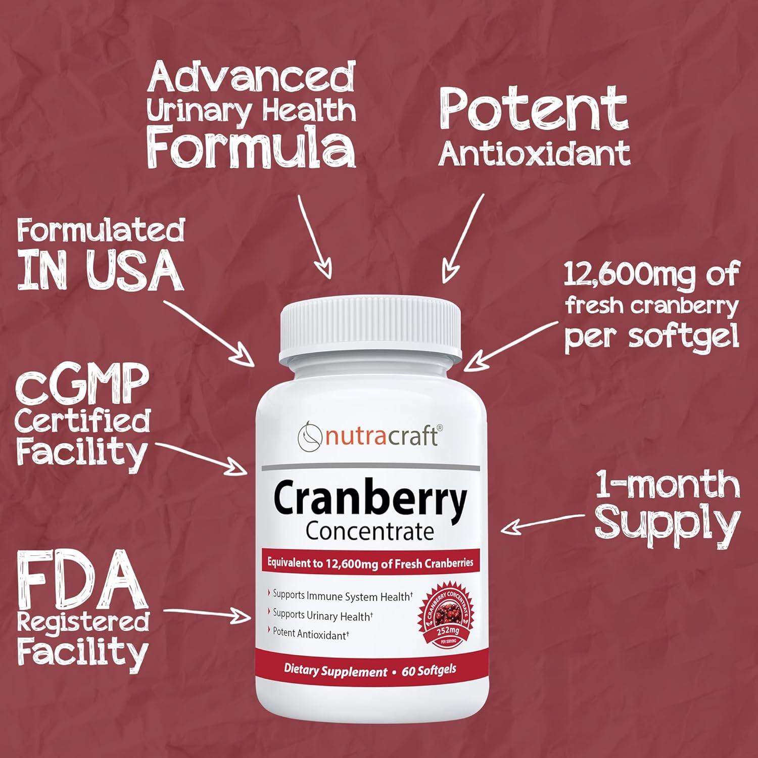#1 Cranberry Extract Supplement for Bladder & Urinary Tract Support | 12,600 mg of Fresh Cranberries, Vitamin C & E and Polyphenols | Lab Tested & Easy to Swallow | 60 Softgels - My Store