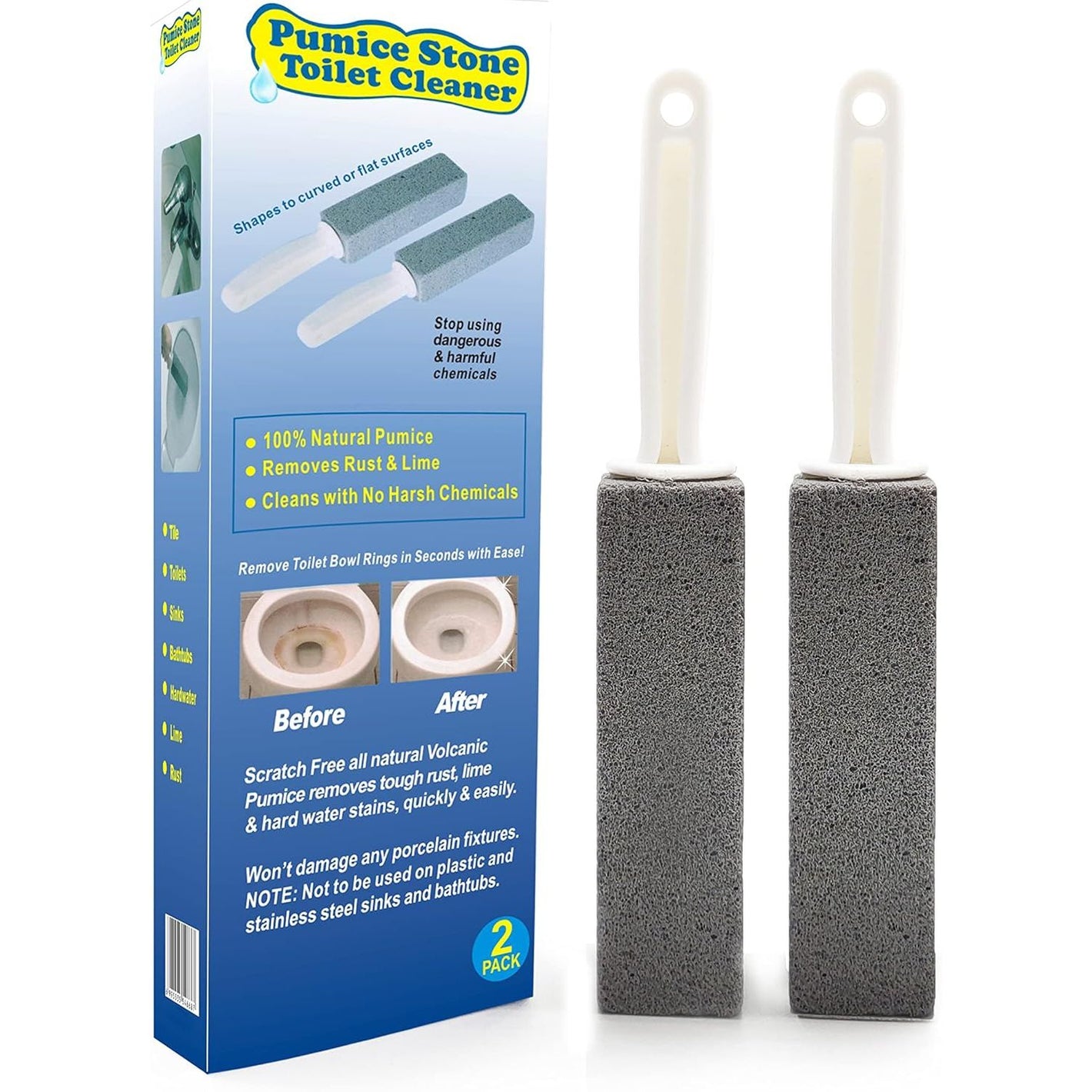 Pumice Stone Toilet Brush for Cleaning Toilet Bowl with Handle, Pumice Stick for Toilet Cleaning, 2 Pack
