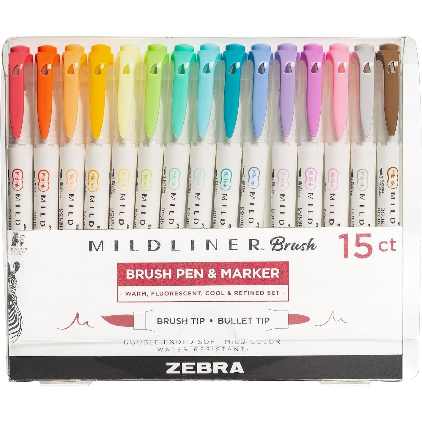 Zebra Pen Mildliner Double-Ended Brush Marker, Brush and Fine Tip Pens, Ideal for Bible Highlighting, No Bleed, Assorted Soft Colors, 15-Pack (79115)