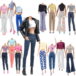 E-TING Lot 15 Items = 5 Sets Doll Clothes with 10 Pair Shoes Accessories for 11.5 Inch Girl Doll Outfits Random Style(Leather Jacket + Casual Wear)