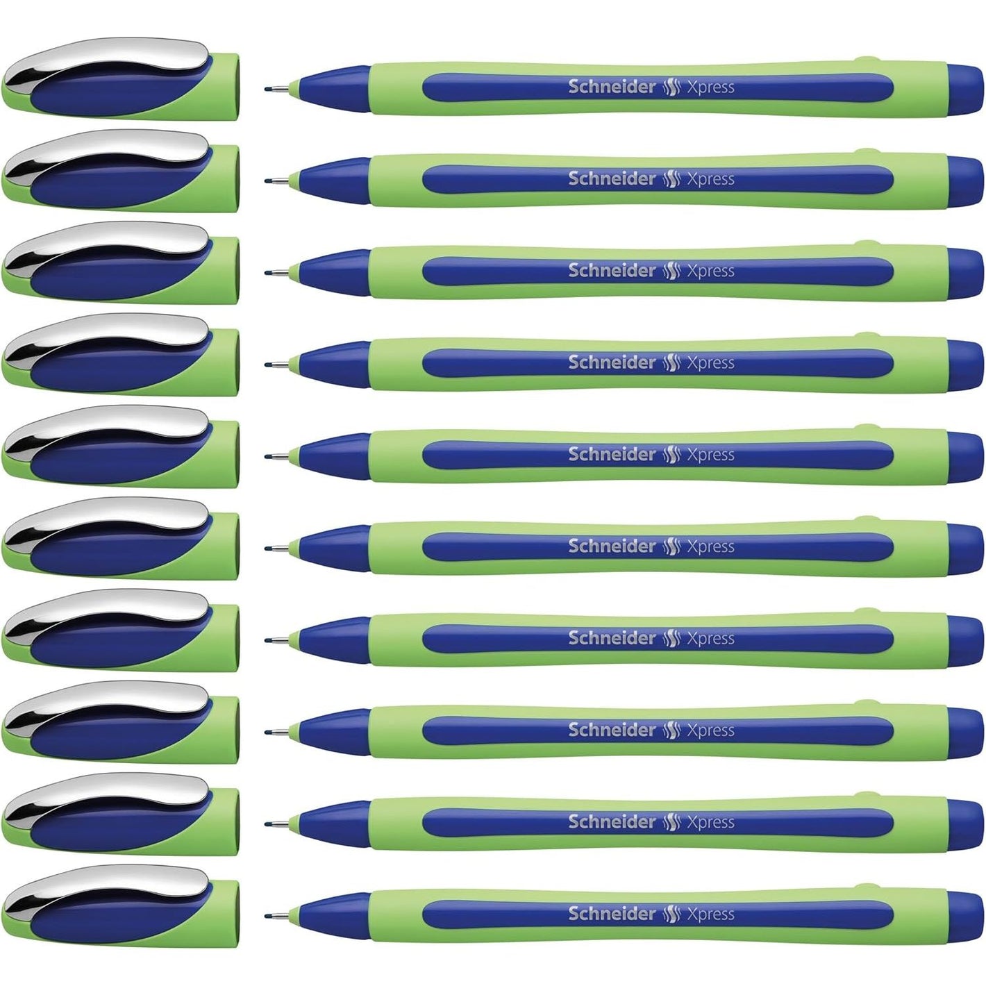 Schneider Xpress Premium Fineliner, 0.8 mm Porous Point, Light Green Barrel, Blue Ink, Box of 10 Pens (190003)
