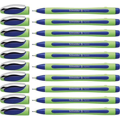 Schneider Xpress Premium Fineliner, 0.8 mm Porous Point, Light Green Barrel, Blue Ink, Box of 10 Pens (190003)