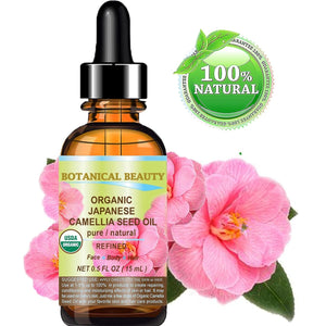 Botanical Beauty Japanese ORGANIC CAMELLIA Seed Oil. 100% Pure Natural Undiluted Refined Cold Pressed Carrier Oil to revitalize and rejuvenate the hair, skin and nails. 0.5 Fl. oz 15 ml