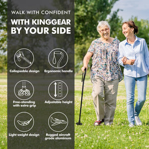 KINGGEAR F1 Walking Stick, Walking Cane for Women & Men, Self Standing Walkers for Seniors with Wrist Strap, Lightweight & Sturdy Offset EVA Handle and Large Quad Base