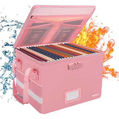 ENGPOW File Box with Lock, Fireproof Document Box with Zipper＆Pockets, Collapsible File Organizer Filing Storage Cabinet with Handle, Portable Home Office Safe for Hanging Letter/Legal Folder,Silver