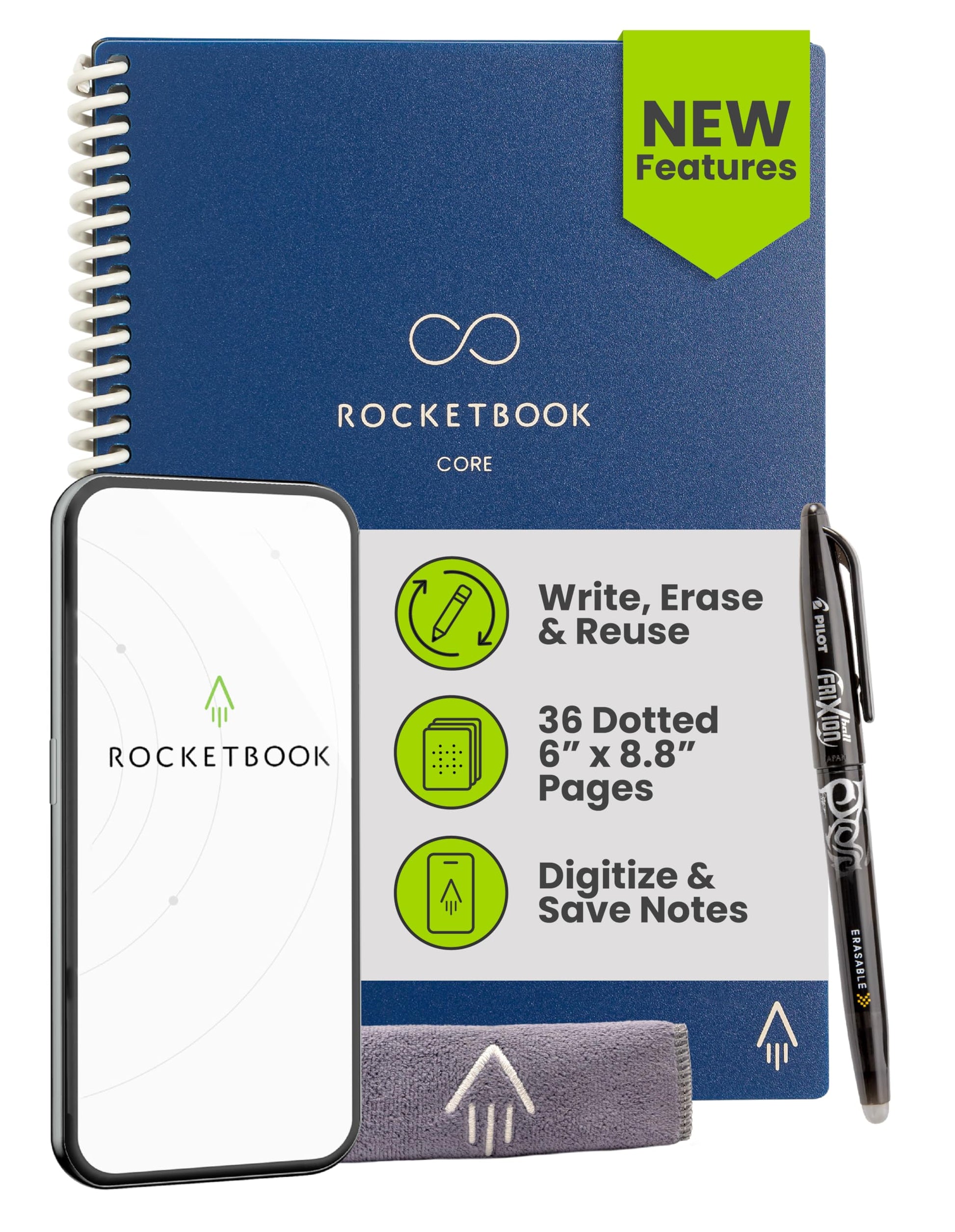 Buy now Rocketbook Core Reusable Spiral Notebook, Letter Size 8.5x11, Black - Dotted Pages, App-Connected, Erasable, Durable Cover, Ideal for School, Work, and Creative Projects at indiglob india