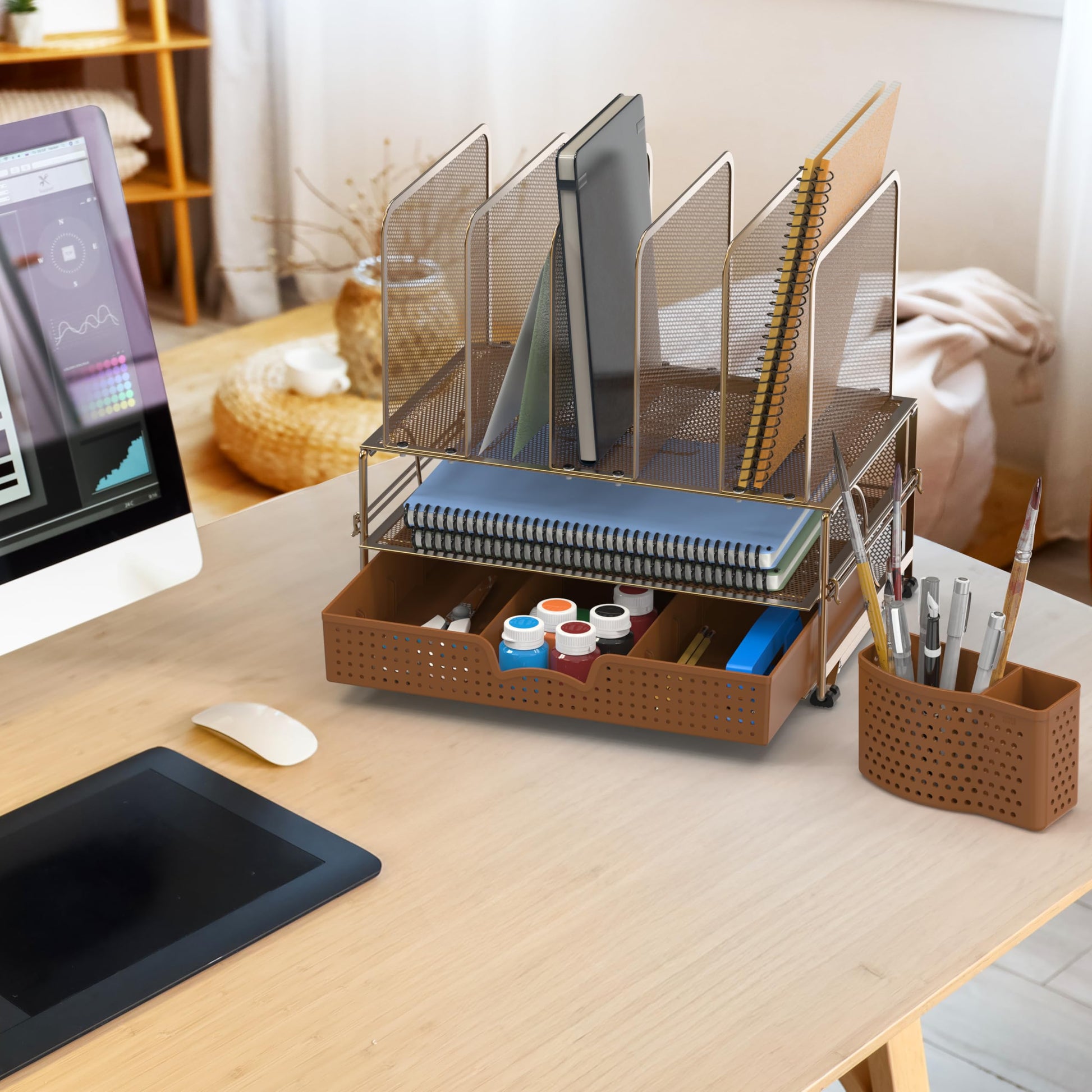Buy now Simple Houseware Mesh Desk Organizer with Sliding Drawer, Double Tray and 5 Upright Sections, Copper at indiglob india