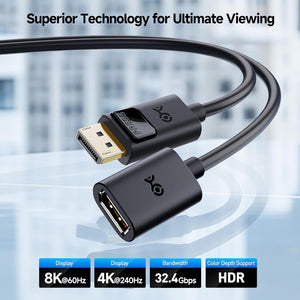 Cable Matters DisplayPort to DisplayPort Extension Cable - 6ft, Supports 8K 60Hz, 4K 240Hz DP Extension Cable 1.4, DP Male to Female