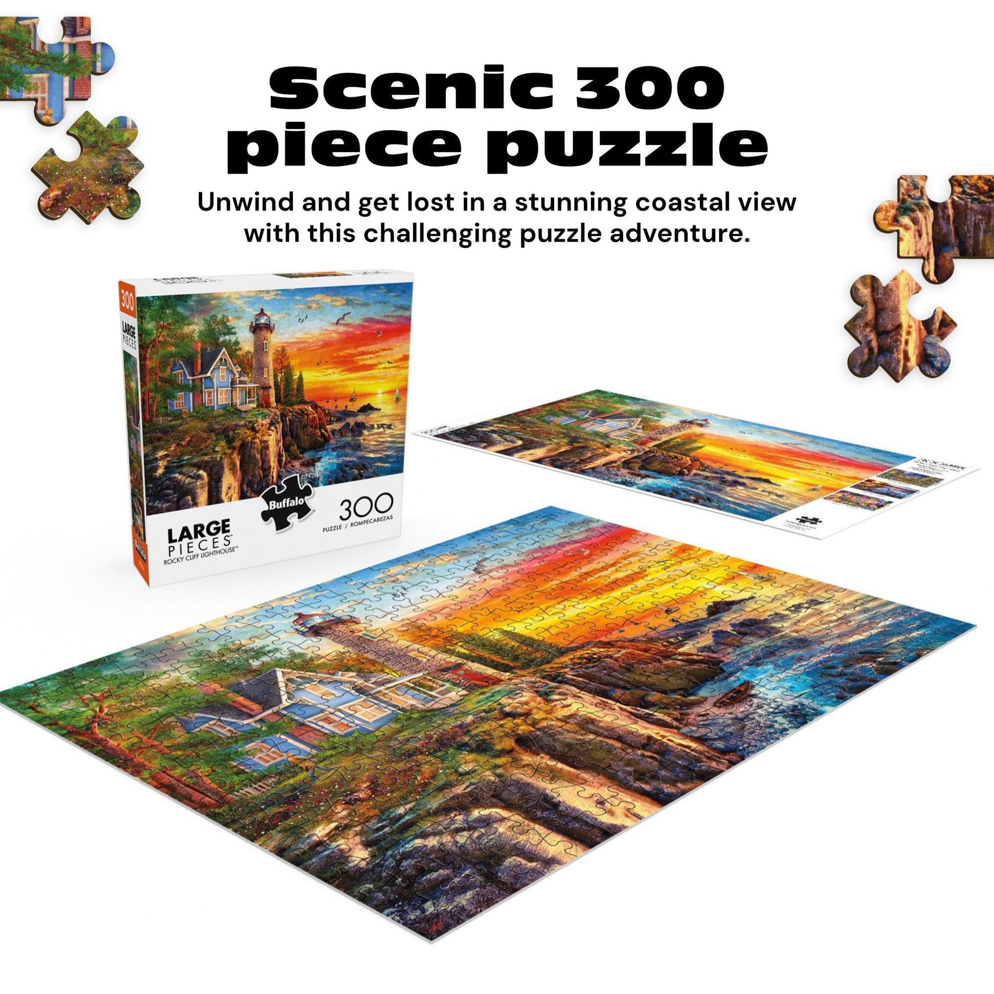 Buy now Buffalo Games - Rocky Cliff Lighthouse - Dominic Davison - 300 Piece Jigsaw Puzzle for Adults, Large Oversized Pieces, Scenic Coastal Puzzle, Challenging and Relaxing, Finished Size 21.25 x 15.00 at indiglob india