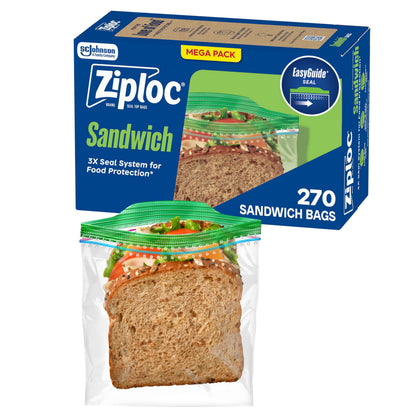 Buy now Ziploc Sandwich and Snack Bags with EasyGuide Texture, Plastic Storage Bags with Grip 'n Seal Technology, 270 Bags Total at indiglob india