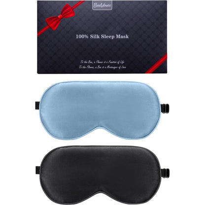 BeeVines Sleep Mask, 2 Pack 100% Real Natural Silk Eye Masks with Adjustable Strap for Sleeping, Mulberry Silk Eye Sleep Shade Cover, Blocks Light Reduces Puffy Eyes Traveling Gifts (Black & Black)