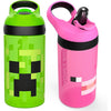 Zak Designs Minecraft Kids Water Bottle with Straw and Built in Carrying Loop Set, Made of Plastic, Leak-Proof Water Bottle Designs (Creeper/Pig, 16 oz, 2pc Set) - Creeper & Pig