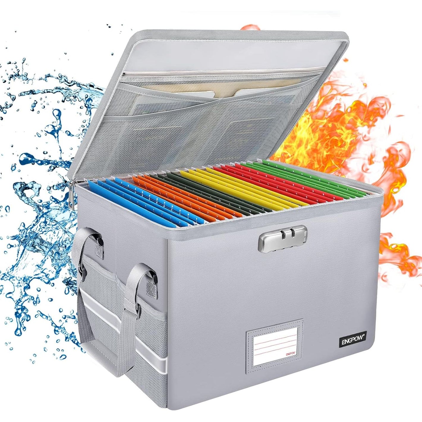 ENGPOW File Box with Lock, Fireproof Document Box with Zipper＆Pockets, Collapsible File Organizer Filing Storage Cabinet with Handle, Portable Home Office Safe for Hanging Letter/Legal Folder,Silver