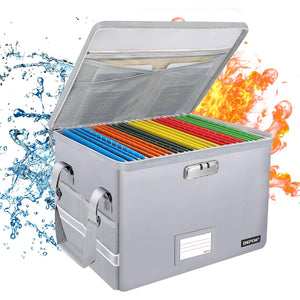 ENGPOW File Box with Lock, Fireproof Document Box with Zipper＆Pockets, Collapsible File Organizer Filing Storage Cabinet with Handle, Portable Home Office Safe for Hanging Letter/Legal Folder,Silver