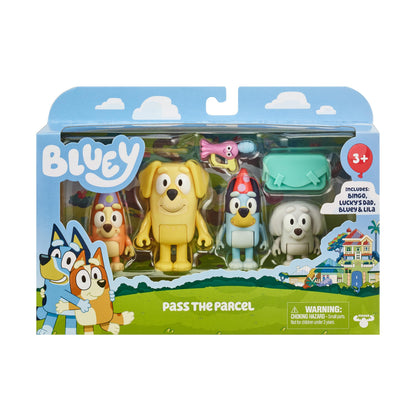 Buy now Bluey Pass The Parcel Figurine Toys Pack of 4, Character Toys with Bingo, Lucky’s Dad, and Lila Figures, Small Action Figures for Kids Ages 3+ at indiglob india