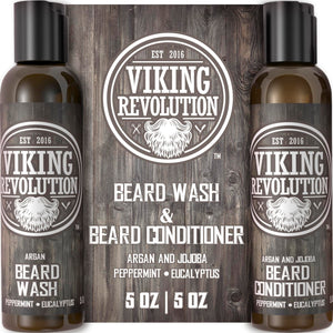 Viking Revolution Beard Care Set with Argan & Jojoba Oils - Softens, Smooths & Nourishes Facial Hair Growth - Peppermint and Eucalyptus Scented Wash & Conditioner (5 oz)