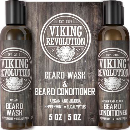 Viking Revolution Beard Care Set with Argan & Jojoba Oils - Softens, Smooths & Nourishes Facial Hair Growth - Peppermint and Eucalyptus Scented Wash & Conditioner (5 oz)