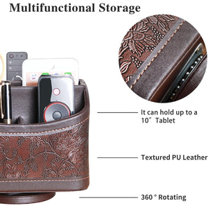 YAPISHI Antique Leather Remote Control Holder, 360 Degree Spinning Desk TV Remote Caddy/Box, Bedside Table Organizer for Controller, Media, Calculator, Mobile Phone and Pen Storage